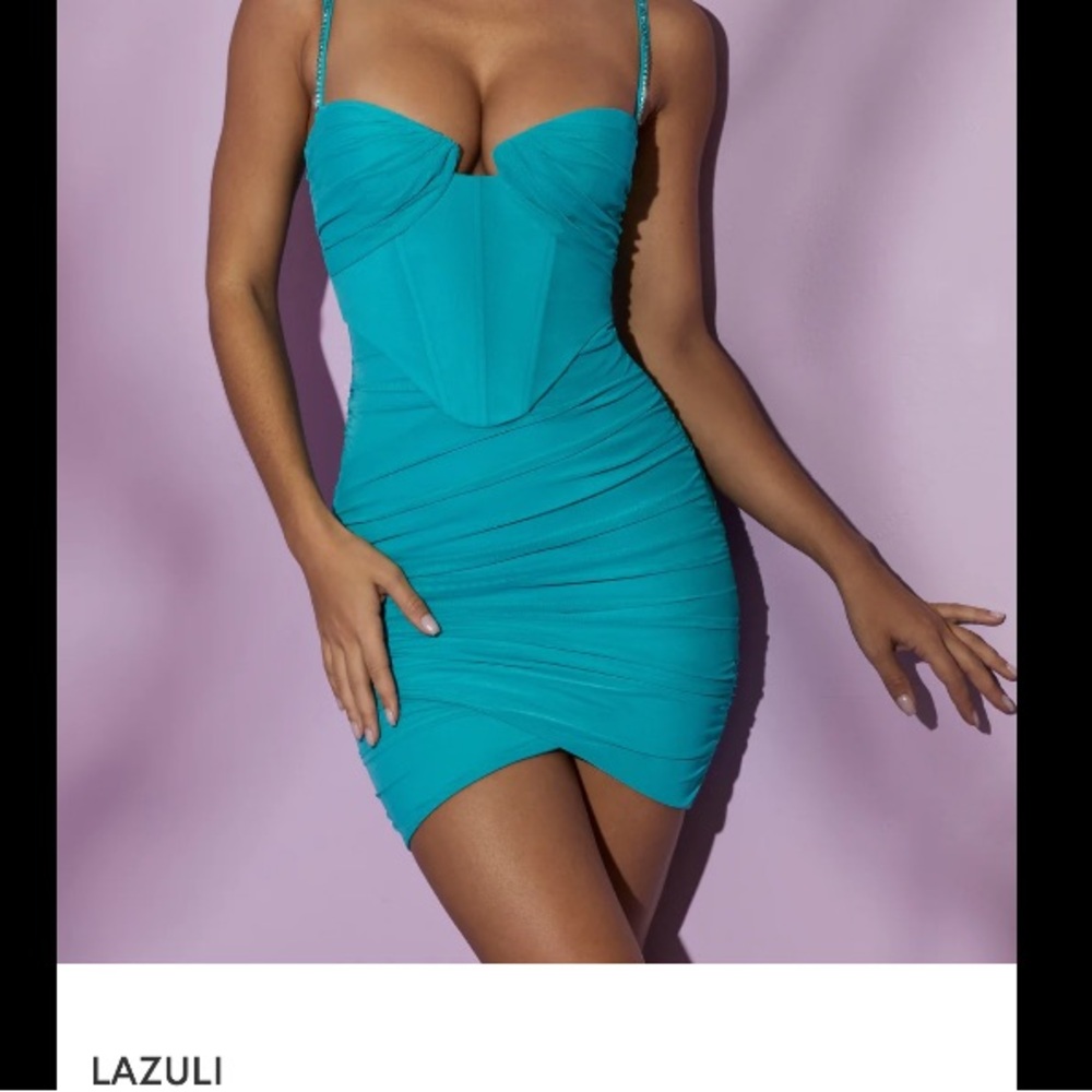 Oh Polly turquoise ruched mini dress with embellished straps. Size 6